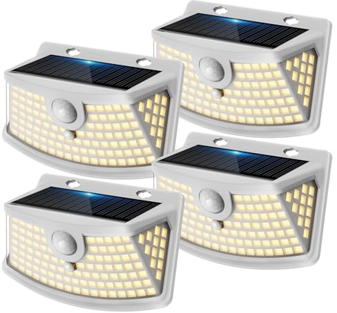 Aootek Solarlampen für Außen mit Bewegungsmelder, 4er Set, Garten, 120 LED | 270° Breiter Winkel, IP65 Wasserdicht, Solar Wandleuchte, Sicherheitslicht, Gartenbeleuchtung, Weißer Rahmen, Warmweiß