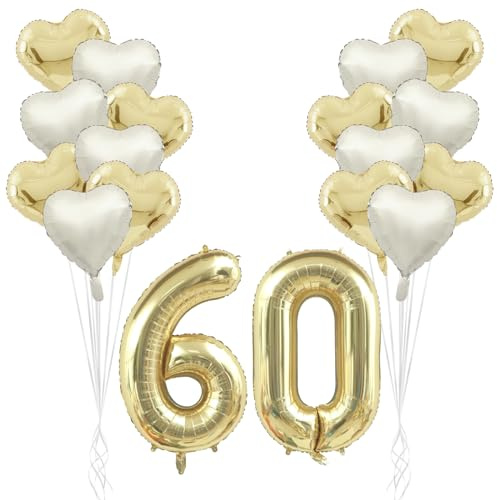 60er Ballon-Set Jubiläumsdeko, Goldene Hochzeit deko, Folienballon Zahl 60 Gold mit Herz Folienballon, Alufolie für Goldene Hochzeit, für Goldenehochzeit、60.Jubiläum、60.Geburtstag