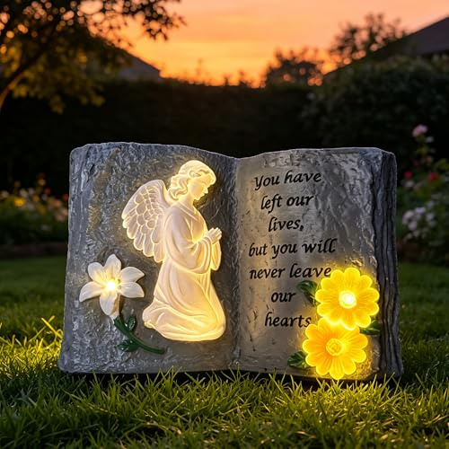 lifemet Solar Engel Figur mit Buch, Gedenkfigur Grabdekoration für Garten | Engel Mit Buch Design, Wetterfeste Harzfigur Mit Solarlicht, Gedenkdekoration Für Grab, Friedhof Und Garten, Beileidsgeschenk