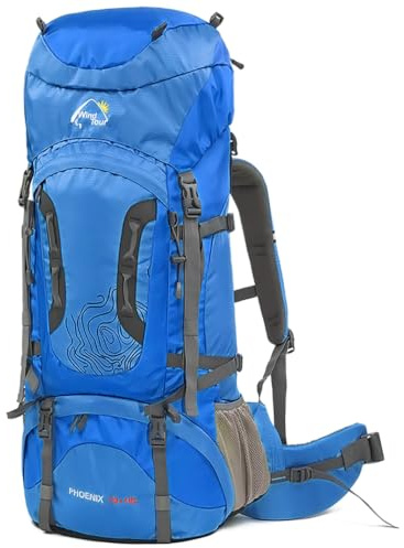 Wind Tour Outdoor 60L Ripstop Trekking Bag Sport Backpack with Rain Cover for Climbing Cycling, Blue | 70+10l, Large