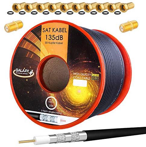 HB-Digital Set 25m Koaxial SAT Kabel 135db Schwarz + 10x F-Stecker & 2X F-Verbinder vergoldet | CU Kupfer Satellit Antennenkabel 5-Fach geschirmt für DVB-S/S2 -C/C2 -T/T2 DAB+ Radio BK Anlagen