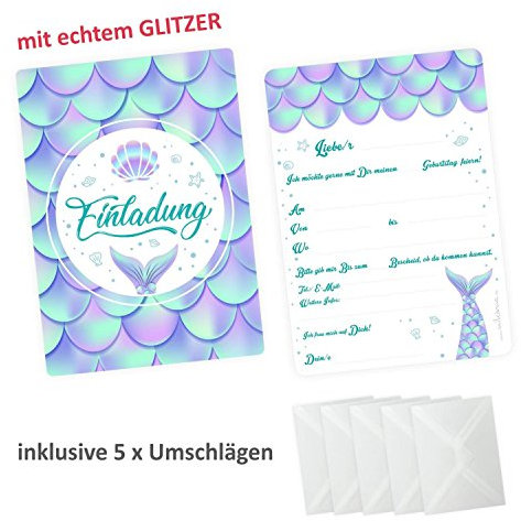 nikima Schönes für Kinder 5 Einladungskarten Meerjungfrau mit Glitzer inkl. 5 Transparenten Briefumschlägen Kindergeburtstag Mädchen Einladung Party