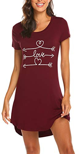 MAXMODA damnattlinne bomull kortärmade nattkläder negligéer sovskjorta t-shirt sovskjorta S-XXL, Vinröd, M