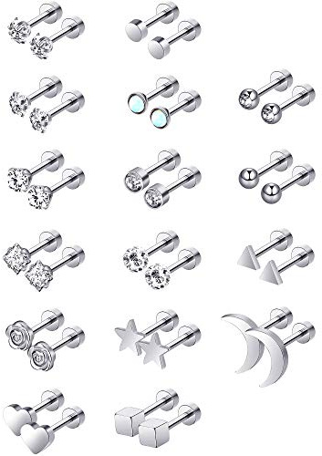 Edelstahl Ohrstecker Knorpel Tragus Barbell Ohrstecker Strass Intarsien CZ Ohr Screwback Piercings, 16 Paar (Stahl)