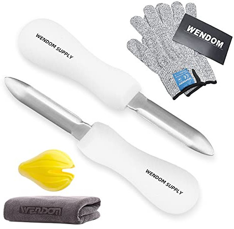 WENDOM Oyster Shucking Knife and Gloves Set Included 2pcs Oyster Shucker Opener New Haven Style, Cut Resistant Glove Professional Guard and Block Tools