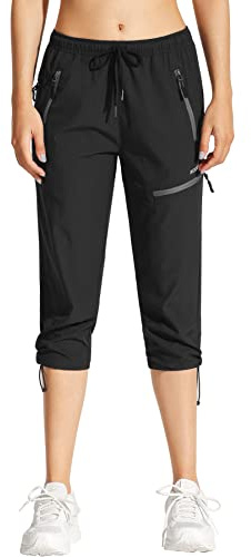 MOCOLY Pantalon Randonnée Femme Léger à Séchage Rapide Imperméable en Plein Air Pantalons Corsaire Cargo Extensible pour Travail Montagne Chasse Sport avec Poche Zippée UPF 50 Noir L