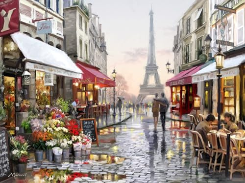 STYLER Leinwandbild Paris 1 60 x 80 cm (AUFHÄNGFERTIG) – Romantische Pariser Straßenszene mit Eiffelturm – Französisches Café-Flair & urbane Eleganz – Stilvolle Wanddekoration