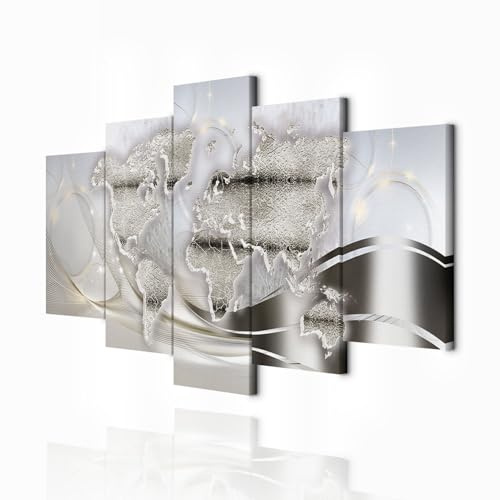 decomonkey Wandbilder Weltkarte 200x100 cm 5 Teilig Leinwandbilder Wanddeko | Strukturleinwand, Holzkeilrahmen, Bild auf Leinwand, Kunstdruck, Wohnzimmer, Wanddekoration, Abstrakt, Karte, Ornament