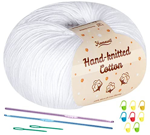 Häkeln & Stricken 6 x 50g - Weiß Baumwolle zum Häkeln und Stricken, 100% Häkelgarn mit 2 Metallhäkelhaken (2,5-3,5 mm) Babywolle Weich und Wolle für Babydecke