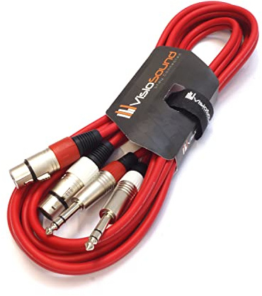 2x Female XLR to 6.35mm 1/4 Stereo TRS Jack Cable Twin Lead (Red, 3m) | Noiseless OFC Balanced Signal, Audio, Patch Cable / 5 Colours
