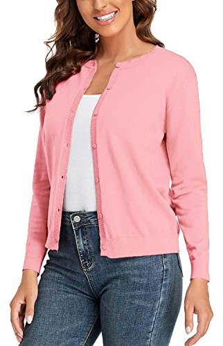 CUNYI Cardigan de Punto para Mujer Rebeca Cuello Redondo Clásico Manga Larga Chaqueta de Mujer con Botones Abrigo Elegante, Rosa M