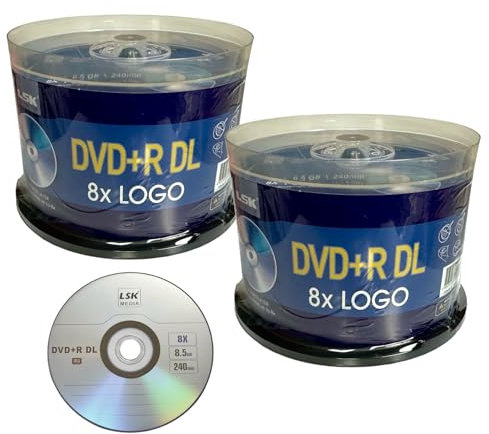 DVD+R DL Double Layer Logo 8X 8.5GB 240min Video – LSK Media Logo Top, 100 Discs, 2-Pack, 50 Pack in Spindle | Blank DVDs for Burning Video | DVD Discs Blank | Recordable DVDs