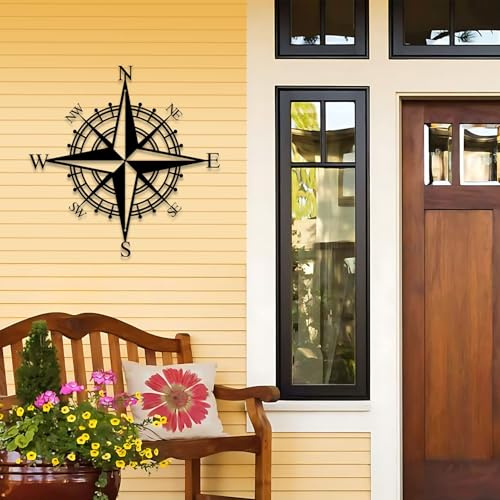 ruelen 28CM Metall Nautischer Kompass Wanddekoration, Wohnzimmer Schlafzimmer Büro Veranda Garten Terrasse Schilder Wandbehang Kunst Strandthema Heimdekoration (Schwarz)