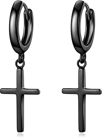 Kreuz Ohrringe für Damen, Mädchen und Männer - 925 Sterling Silber für Empfindliche Ohren - Geburtstag Schmuck Geschenke, Schwarz