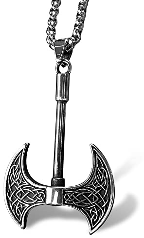 bahamut Viking Necklace Men Stainless Steel Nordic Sowrd Shield Axe Pendant Vintage Compass Jewellery Talisman Amulet Norse Mythology Gifts (battle axe)