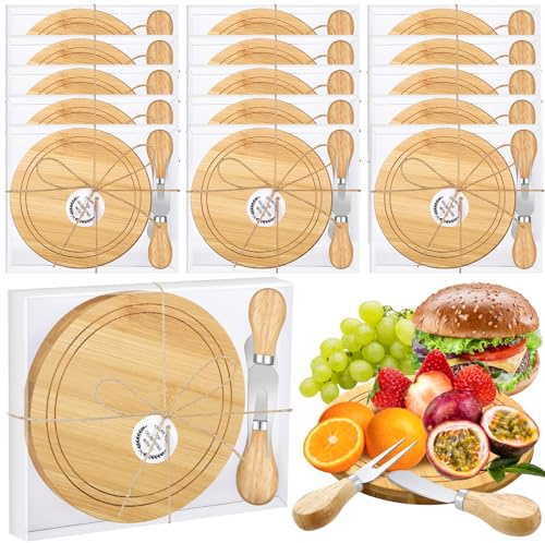 Domensi 15 Set Bridal Shower Cheese Boards Bulk Mini Bamboo Cutting Charcuterie Board Knives Forks Thank You Tags Box for Wedding Baby Shower Birthday Party Guests Gifts(Round)