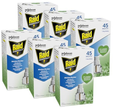 Raid Essentials Mückenstecker 45 Nächte Nachfüller, elektrischer Insektenschutz vor Mücken & Tigermücken, mit pflanzlichen Wirkstoffen, geruchsneutral, 6er Pack (6 x 32 ml)