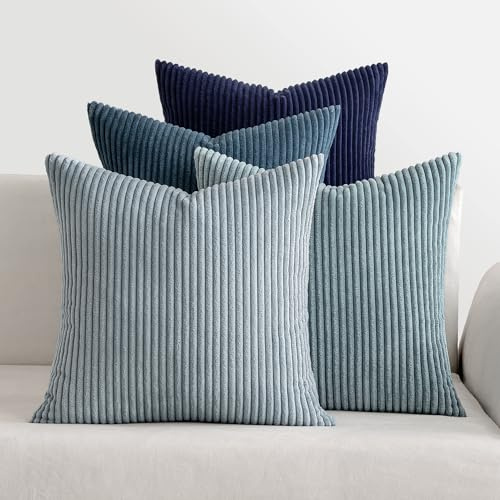 MIULEE Kissenbezug 50x50 4er Set Kordsamt Kissenhülle sofakissen Dark Blue | Weiche Kissenhülle Dekorative Sofakissen Quadratische Dekokissen Zierkissenbezug Gestreifte Kissenbezüge für Wohnzimmer