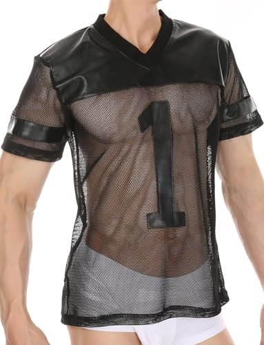 Camiseta de Rejilla para Hombre Camiseta sin Mangas Transpirable de Latex para Discotecas Bola de Discoteca Noche Ropa Interior Sexy Transparente Negro Talla M