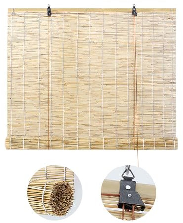 Roller Blind Retro Bamboo Blinds Outdoor Waterproof Window Shades Blinds 55 60 95 100 115 120 130 140 150 160 170 180cm Wide Roman Shades Anti-UV Dustproof Bamboo Curtains for Kitchen Deck Patio (Col