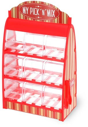 Süßigkeitenspender mit 9 Fächern - 30 x 18 cm - Candy Bar im Retro Design mit Zange - Süßigkeiten Spender Bonboniere Weingummi Jellybeans Theke