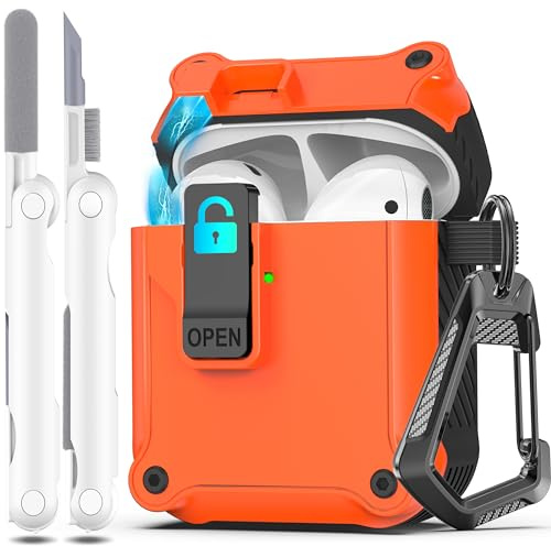 R-fun Kompatibel mit AirPods 2 Generation Hülle 2019, 1 Gen 2016 Case Cover, automatisches Pop-Up-Deckel-Design für Apple Airpods Hülle mit Reinigungsset & Schlüsselanhänger,Orange