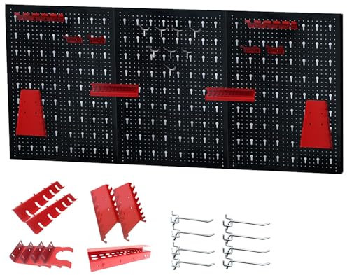 XMTECH Mur à outils en métal avec 17 crochets, panneau perforé, 120 x 60 x 2 cm, système de rangement, assortiment de porte-outils, 3 plaques perforées, mur d'atelier pour atelier, entrepôt