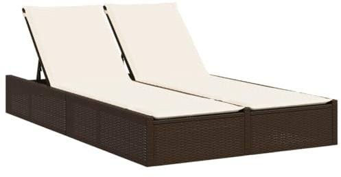 Gecheer Doppel Sonnenliege mit Auflagen, Doppelliege, Gartenliege Relaxliege Sonnenbett Doppelbett Gartenmöbel Liege Braun Poly Rattan