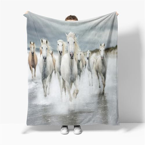 Irischer Strand Pferd Sherpa Decke 100 x 130 cm für Kinder und Erwachsene, Weiß Weiche, Hypoallergene Flanell Decke, Warme Kuschel Waschbare Decke für Sofa und Wohnzimmer