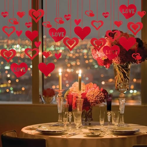 Creaher Red Love Heart Garland 32pcs Hanging Decorations for Valentine's Day, Engagement, Wedding & Anniversary