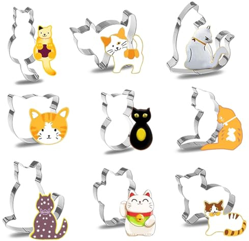 SGERUFZ 9 Piezas Moldes Para Galletas Gato, Cortadores Galletas Gato, Juego de Galletas Gato Acero Inoxidable, Decoración para Hornear Fondant Pastelería para Niños