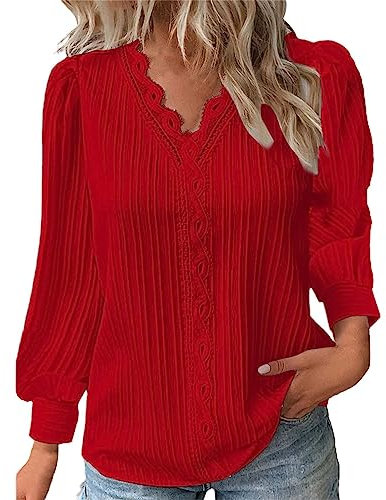 Langarmshirt Damen V-Ausschnitt Spitze Damenblusen Elegant Langärmelig Shirt mit Süßen Stulpen Tunika Business Frauen T Shirts Blusenshirt Einfarbiges Hemd Blusen & Tuniken für Damen