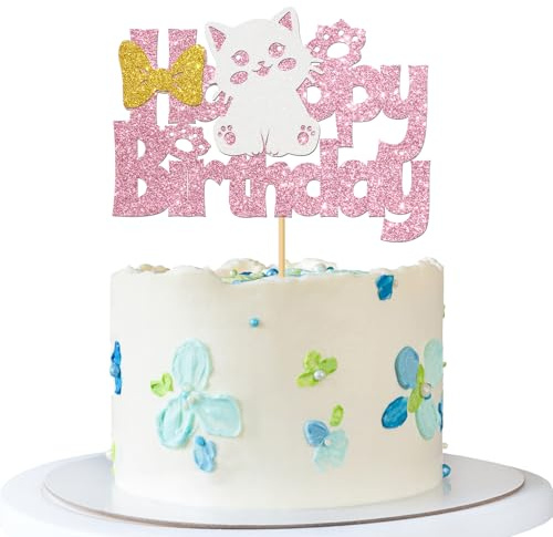 Cat Happy Birthday Cake Topper - Kitten Pet Cat Birthday Cake Supplies - Let's Pawty - Baby Shower Kid Girl Bday Party Decorations - Pink Glitter