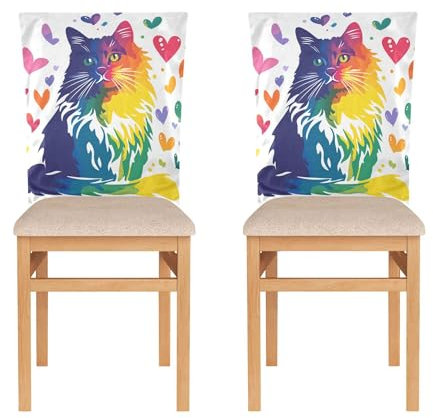 Stuhlhussen für Familientreffen, Stuhlhussen für Schlafsaal, Schreibtischstuhl, waschbar, Weihnachtsstuhlbezüge, Regenbogen-Katze, Herz, 6 Stück