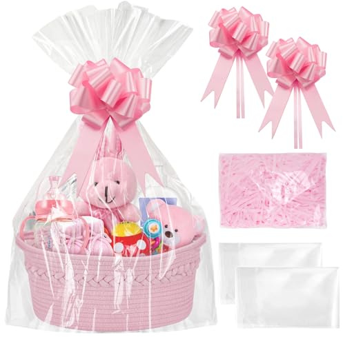 SelfTek Geschenkkorb Leer Groß - Geschenkkorb Set mit Präsentkorb Leer Geschenkfolie Transparent, Füllmaterial, Geschenkschleifen, 33cmx24cmx15cm Präsentkorb Leer für Weihnachten Halloween (Rose)