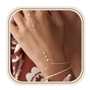 Roheafer Pulseras de cadena de mano de oro para mujer, 2 piezas, ajustables, con anillo de dedo apilado, delicadas cadenas de mano chapadas en oro de 14 quilates con cuentas en capas, Cobre, Circonita