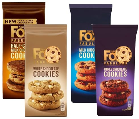 Cookies Bundle With Fox's Fabulous cookies Flavours of Milk, Triple, Half-Coated & White Chocolate Biscuits For All Occasions (4 Mixed Pack) - By Oerich Gift