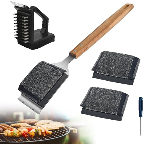5 Stück 3 in 1 Grillbürste für Gussrost mit Edelstahlschaber BBQ Grill Reinigungsbürste mit Langer Holzgriff und 2 Ersatzkopf Drahtbürste Grill für Grillzubehör