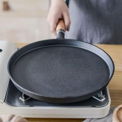 Wood Handle Cast Iron Pancake Skillet, Wood Handled Thickened Cast Iron Pan | Cast Iron Pancake Pan with Wooden Handle, For Home Cooking With Even Heat Distribution(26)