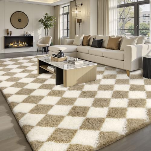 Sour Lemon Karierter Teppich für Wohnzimmer, 140 x 200 cm, Beige und Weiß, für Schlafzimmer, rutschfest, superweich, flauschig, zotteliger Teppich, extra groß, Lounge-Teppiche für Kinderzimmer