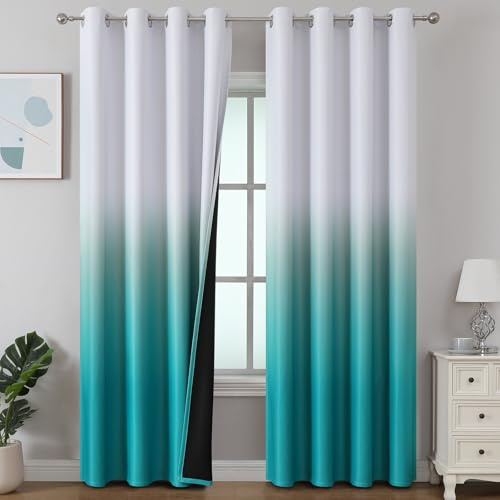 Estelar Textiler Teal and Greyish White Ombre Blackout Curtains for Bedroom, Room Darkening Thermal Insulated Privacy Protection Window Grommet Drapes for Living Room,2 Panel,52x84 inch