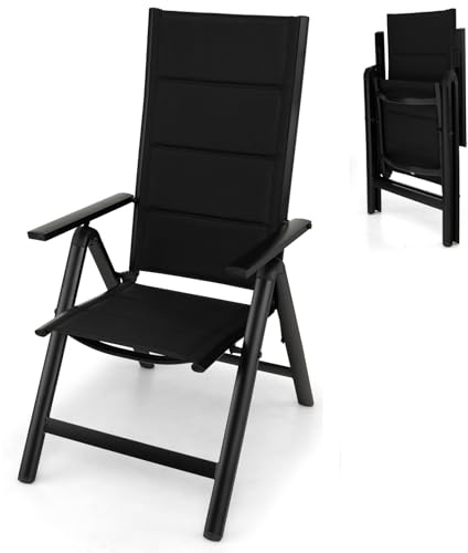 1/2er Set Klappstuhl, Faltbarer Gartenstuhl mit 7-fach verstellbarer Rückenlehne & Armlehne, Outdoor Esszimmerstuhl Bistrostuhl für Terrasse, Balkon, Pool (mit Schwamm gepolstert, 1)