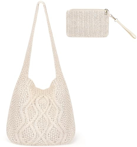 YFNVH 2 Pcs Crochet Bag for Women, Knitted Mesh Tote Bag with Straw Wristlet Wallet, Boho Shoulder Handbag for Daily Shopping, Travel & Casual Use