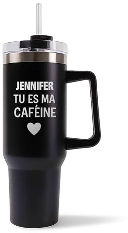 Planetee Mug Isotherme 1,2L - Jennifer Tu es ma caféine Noir – Bouteille avec Anse, Paille et Couvercle – Idée Cadeau Gourde Personnalisée Café