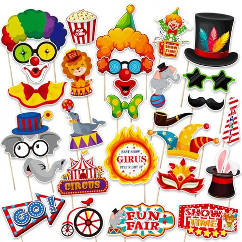 Accessori per Cabina Fotografica Carnevale | 30 pezzi decorazioni a tema circo per feste di carnevale, divertenti accessori per selfie a tema circo