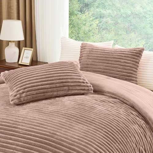 Brillars Ribbed Teddy Fleece Duvet Cover Set – Soft, Fluffy, and Warm Chunky Winter Bedding with Pillowcases, Easy-Care Luxury Quilt Covers (Mink, Double)