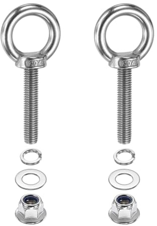 PATIKIL M10 x 50mm Shoulder Eye Bolt, 2 Pcs 304 Stainless Steel Lifting Ring Threaded Eye Bolt with Flange Lock Nuts Spring and Flat Washers for Hanging Tie Down Straps Outdoor Indoor