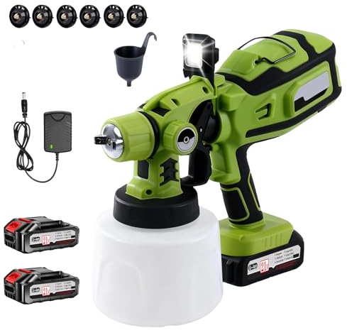 Timisea Akku Farbsprühsystem 1400ml Airless Farbsprühgerät mit 6 Düsen & 2x2000mAh Akku Elektrische Spritzpistole für Wandfarbe mit Schnellkupplung Drehregler für Sprühbild und Durchflussmenge