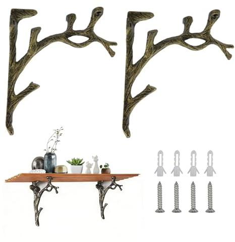 Regalwinkel antik 2 Stück in Zweigform, Schwerlast Regalhalter aus Gusseisen, Vintage Regalträger für Wandregal, Dekorative Winkel Regal für Küche, Wohnzimmer & Garten