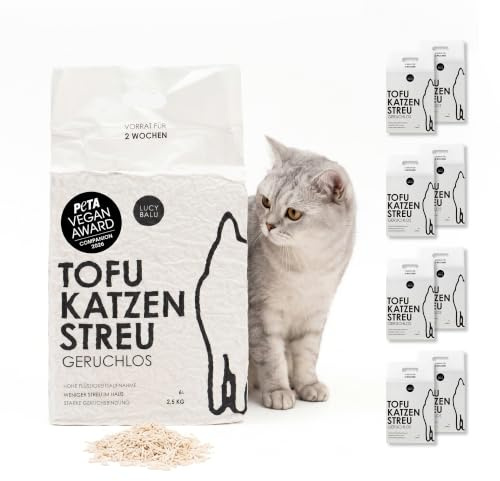 LucyBalu® TOFU Katzenstreu klumpend, staubarm, spülbar – Geruchslos | Pflanzliche Streu, biologisch abbaubar, kein Streu im Haus, toilettenspülbar